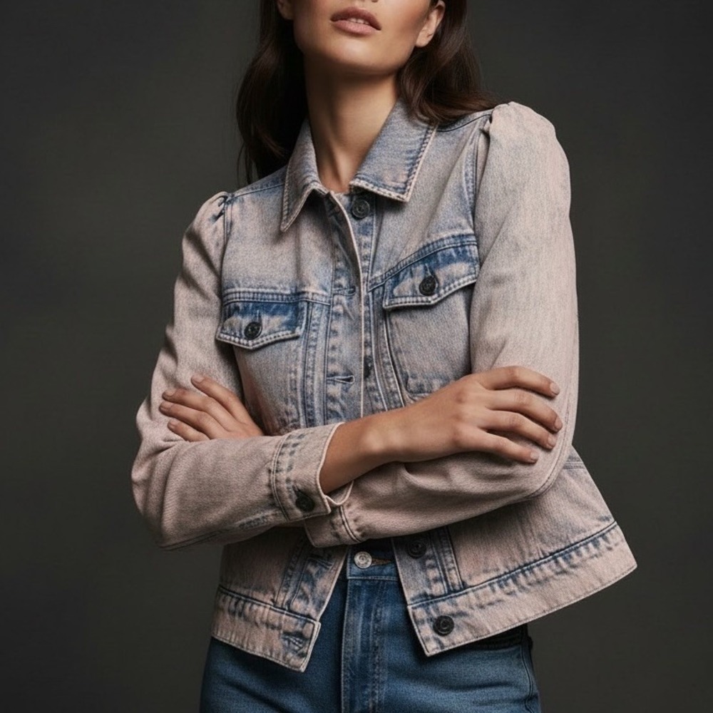 $298 NWT Womens XS JOIE Demarea Denim Jean Jacket Puffy Sleeve Melon Blue Pink